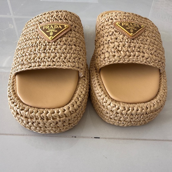 Prada Beige Woven Raffia Slide Sandals Size 37 - Picture 6 of 8